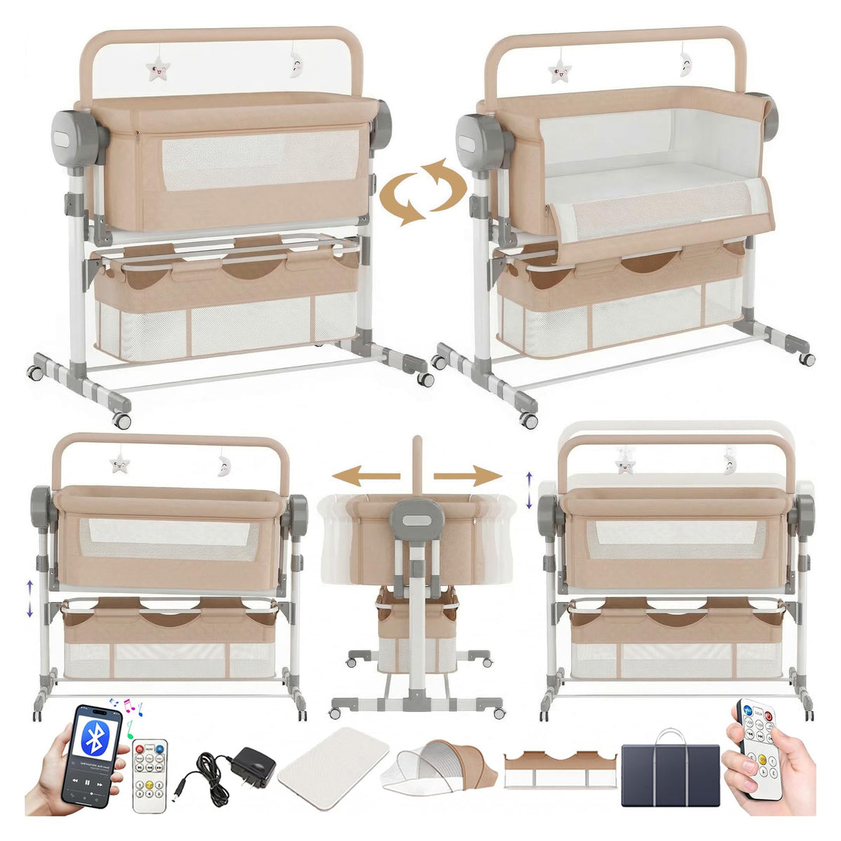Electric Bluetooth Smart Baby Bedside Crib, Bassinet for Co-Sleeping, Infant Bedside Sleeper Cot, Convertible Foldable Baby Crib with Remote Control, Music and 5 Swaying Gears (601 Pink)