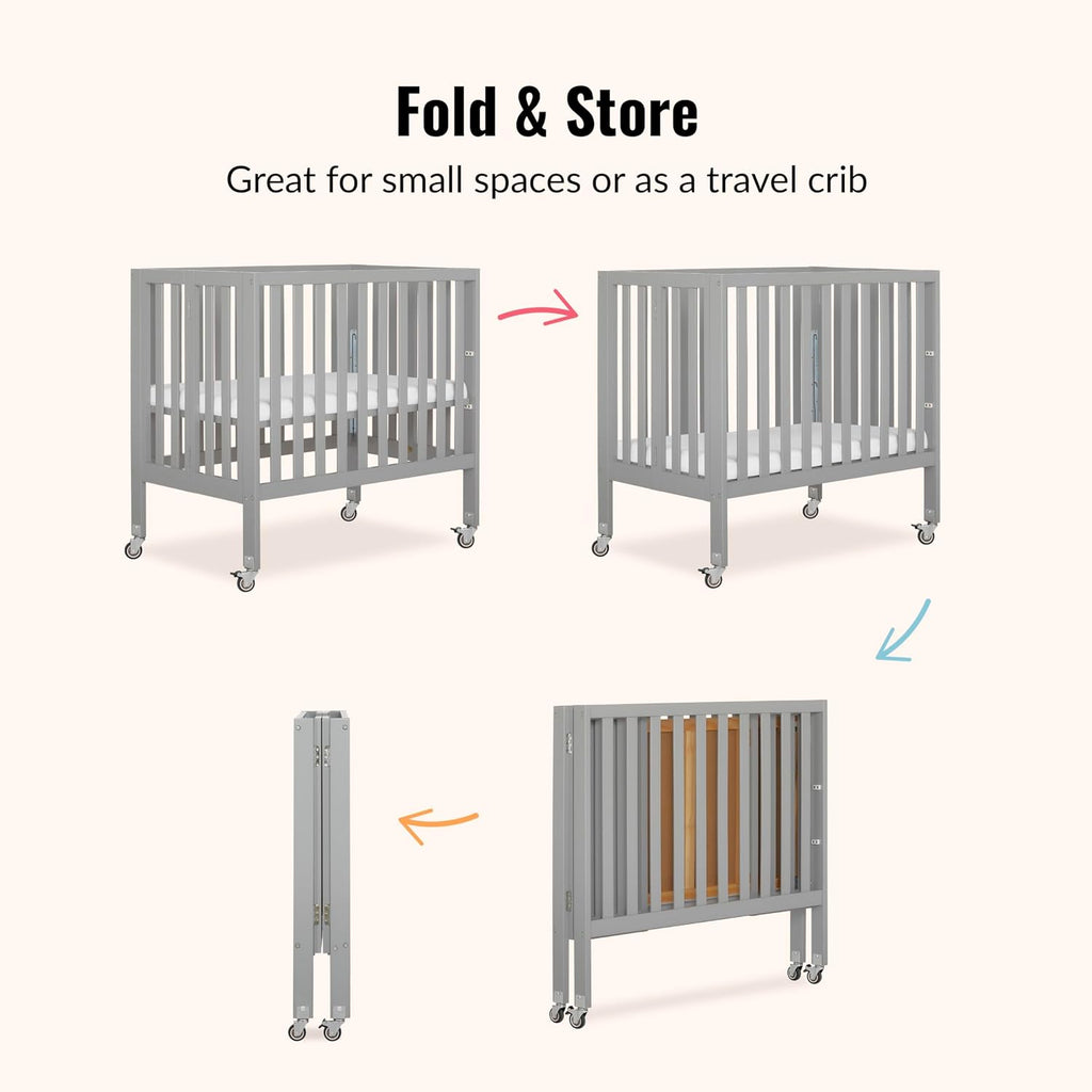 Dream On Me Jett Mini Folding Baby Crib in Pebble Grey, GreenGuard Gold & BSA, Lightweight & Portable, Patented Flat Folding System, Small Spaces & Travel, 1.5” Mattress Pad, 3 Heights, Safe Wheels