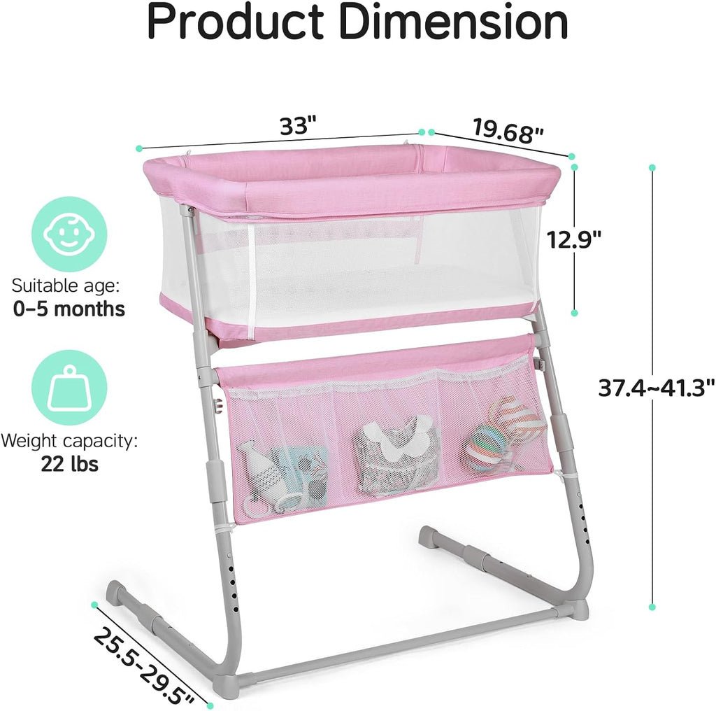 Cowiewie Bassinet Bedside Sleeper,Baby Bassinet Slides Over Bed,5-Position Height Adjustment & Breathable All-Mesh Wall Bedside Bassinet for Baby,Space-Saving Bedside Crib, Height(37.4-41.3") (Pink)