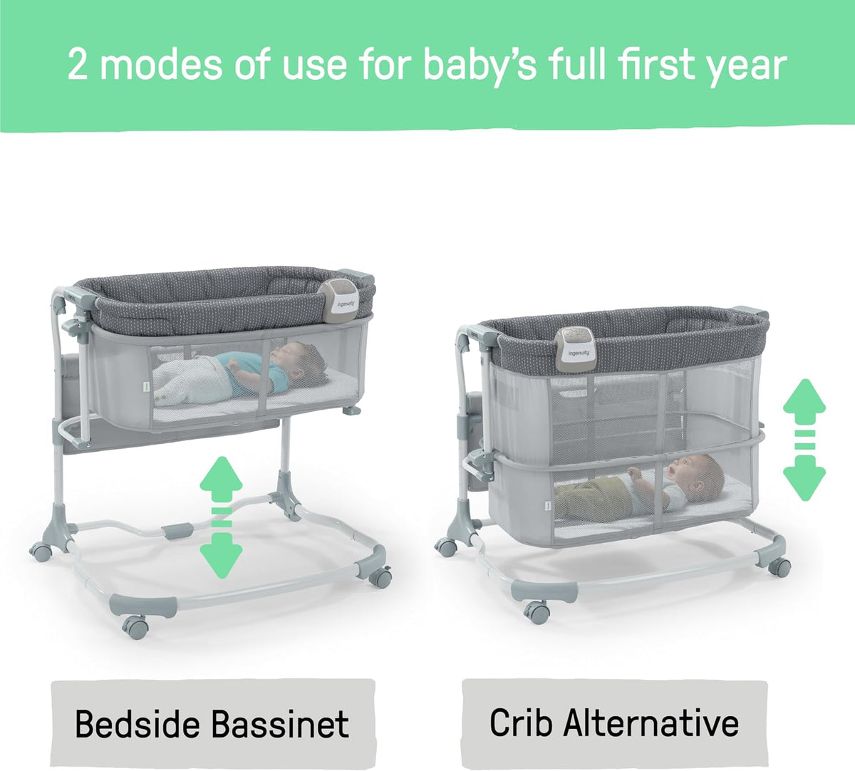 Ingenuity Dream & Grow Bedside Baby Bassinet with AirLoom Mattress, for Ages 0-12 Months, Adjustable Height - Handstitch (Grey)
