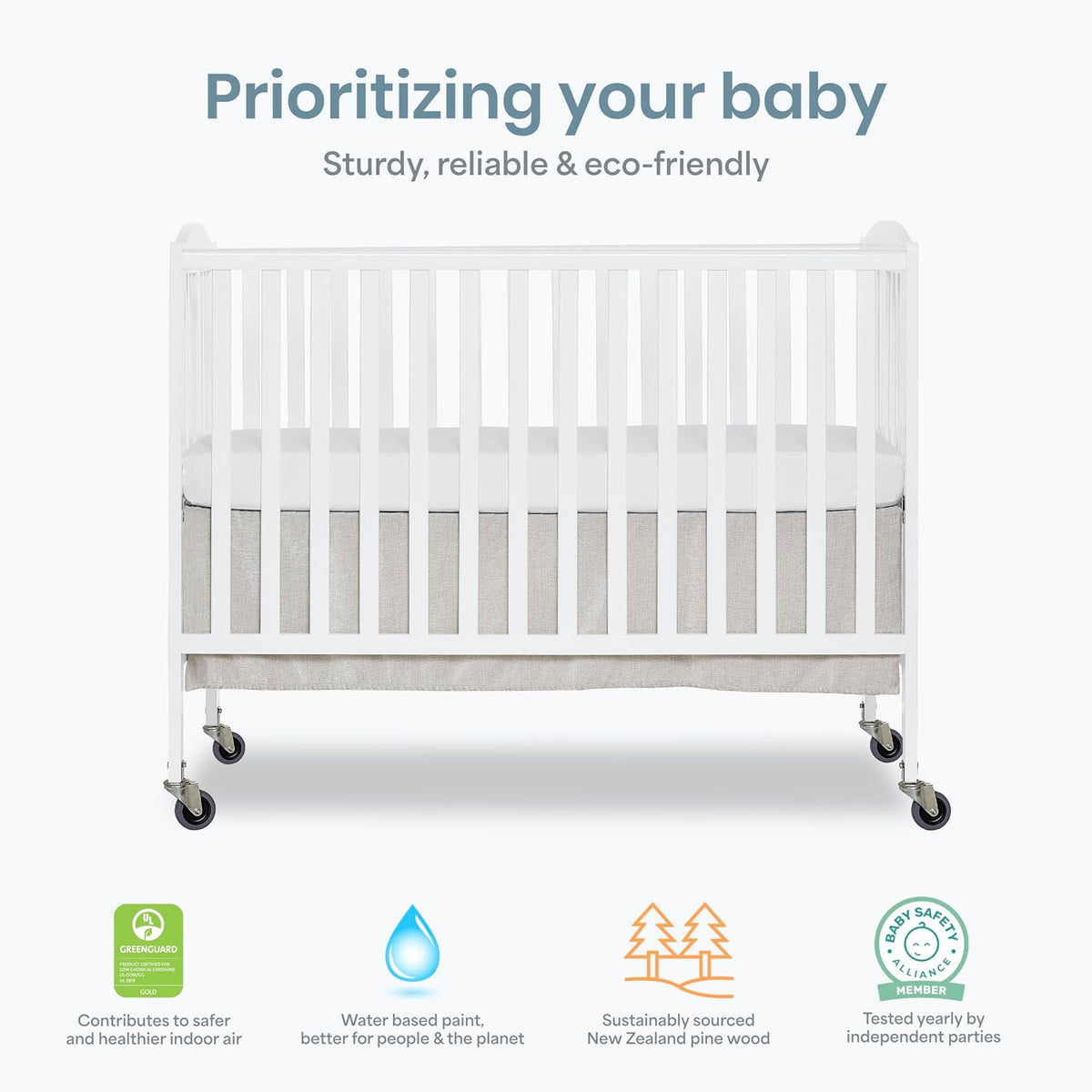 Dream On Me Folding Full Size Convenience Baby Crib with Durable Metal Wheels, Portable Space-Saving Design, 2 Adjustable Heights, Easy Fold Flat Storage, GREENGUARD Gold & BSA Certified, White