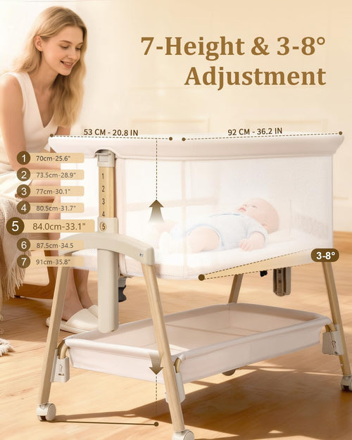 3 in 1 Baby Bassinet with Wheels, Bedside Bassinet Sleeper for Newborn, Portable Baby Crib with 7 Adjustable Height & Large Storage Basket & Full-Mesh, Easy Folding Baby Bed for Infant (Beige)