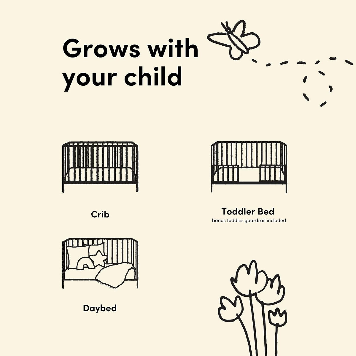 Storkcraft Sicily 3-in-1 Convertible Crib with Guardrail, Frosted Oat