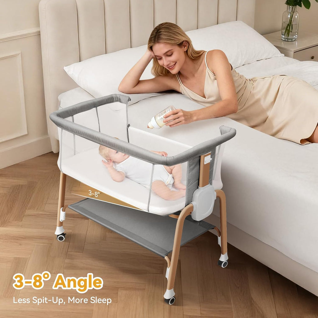 Bassinet Bedside Sleeper, Bedside Bassinet for Newborn, Baby Bassinet with 5 Adjustable Height, Rocking Bassinet with Wheels, Breathable Mesh & Mattress, Easy Folding Portable Bedside Crib(Gray)