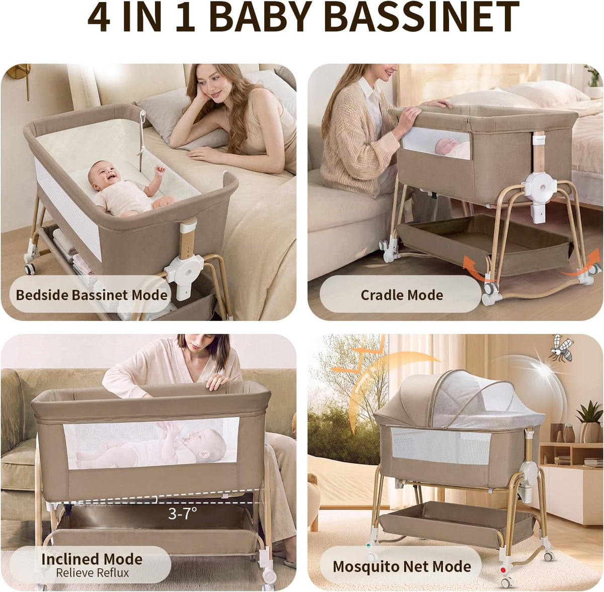4-in-1 Baby Bassinet, Portable Bassinet Bedside Sleeper with Mosquito Net