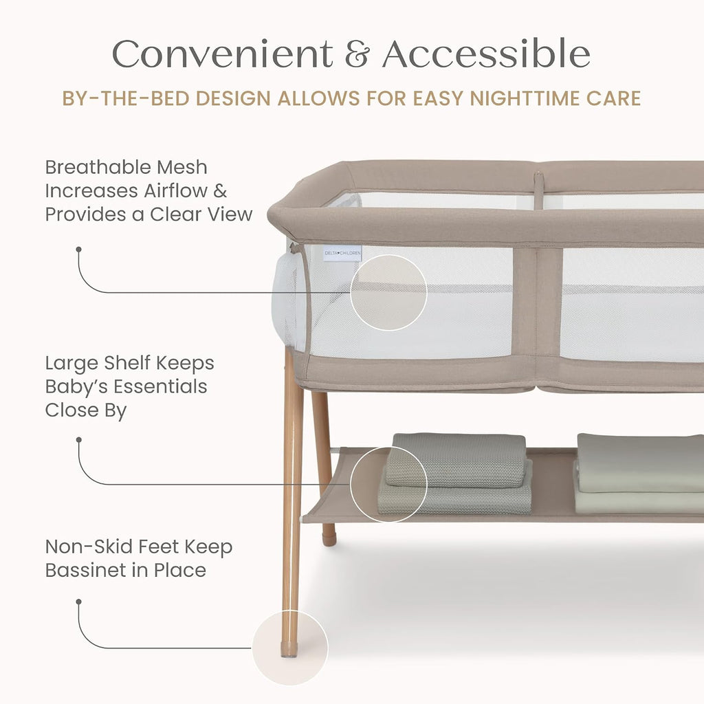 Delta Children Bondi Beechwood Twin Bassinet with PureAir Breathable Mesh Sheet and FSC-Certified Wood, Tan