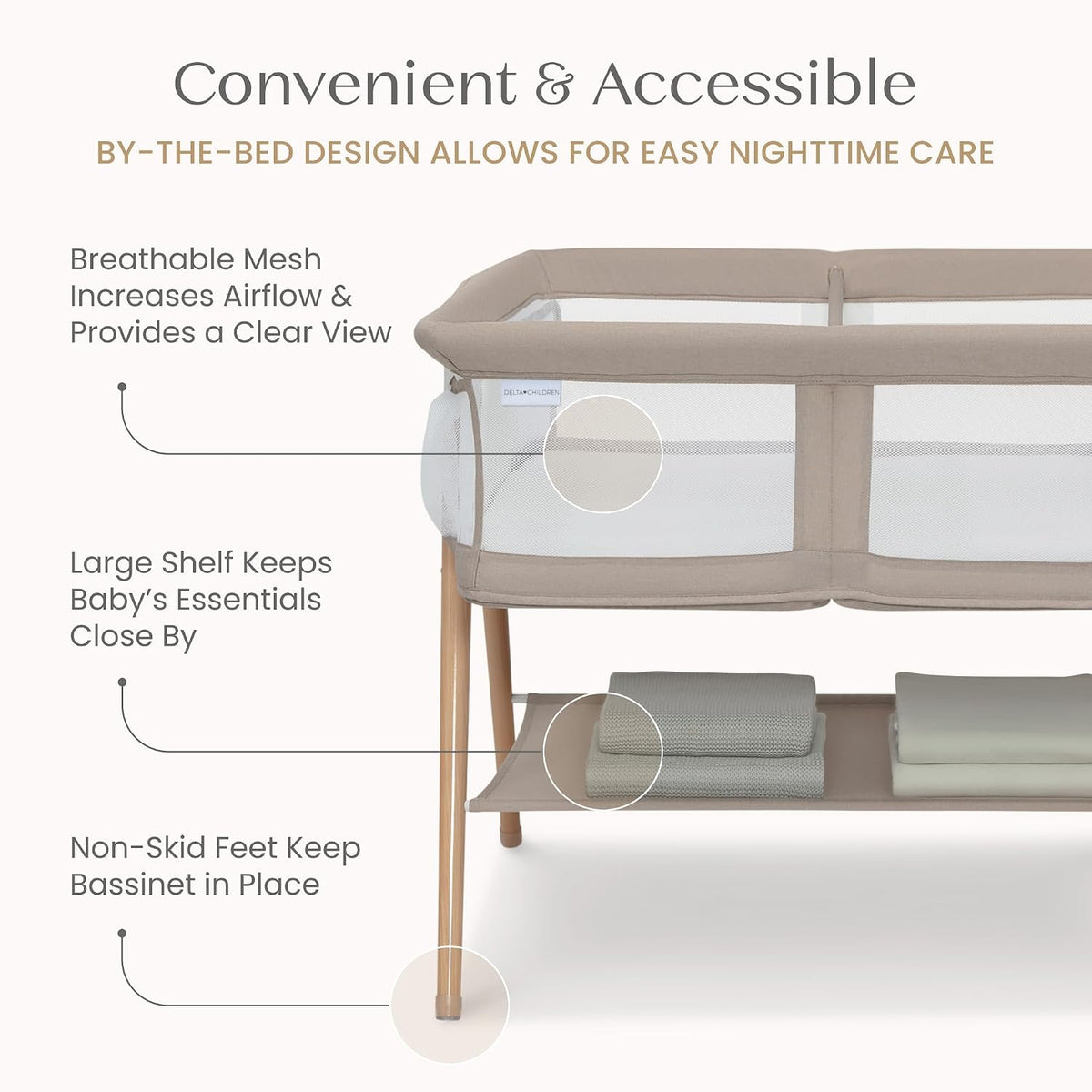 Delta Children Bondi Beechwood Twin Bassinet with PureAir Breathable Mesh Sheet and FSC-Certified Wood, Tan