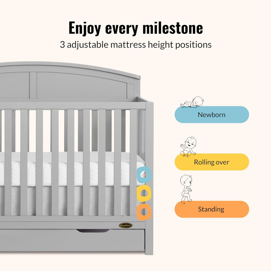 Dream On Me Storybrooke 5-in-1 Convertible Full-Size Crib with Under Drawer, Pebble Grey, GreenGuard Gold & BSA, Convert to Toddler, Day & Full-Size Bed, 3 Mattress Heights, Sustainable Pinewood