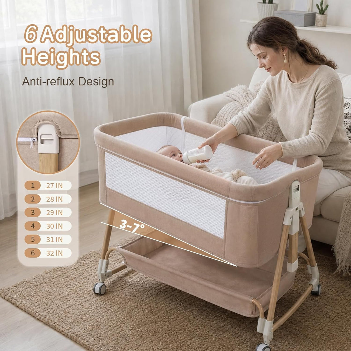 Baby Bassinet, 3 in 1 Bedside Bassinets for Baby, 6 Height Adjustable Bassinet Bedside Sleeper with Mattress, Breathable Mesh, Lockable Univesal Wheels, Storage Basket, Easy to Assemble（Khaki）