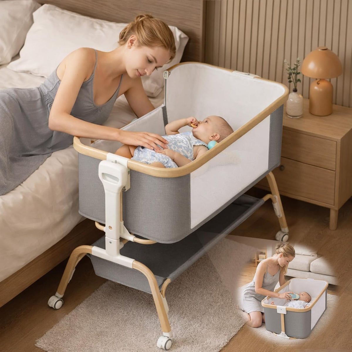 Rocking Baby Bassinet Bedside Sleeper, Detachable Portable Bassinet