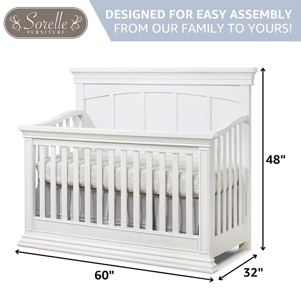 Sorelle Furniture Modesto Classic 4-in-1 Convertible Crib, Wooden Baby Bed, Non-Toxic Finish, Toddler Bed, Daybed & Full-Size Bed, Nursery Furniture-White