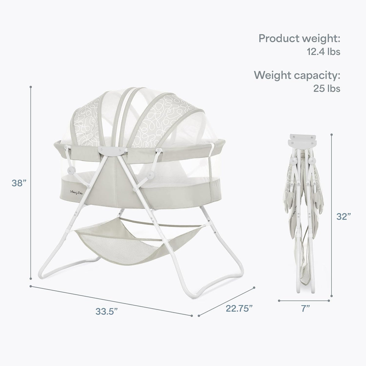 Dream On Me Karley Portable Infant Bassinet, Double Mesh Canopy, Cool Grey