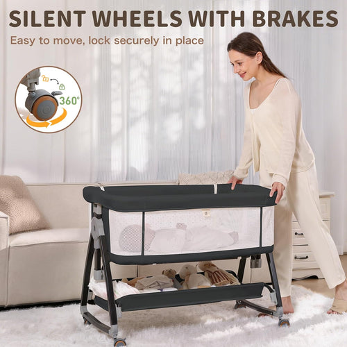 Baby Bassinet, 3-in-1 Bedside Bassinets for Baby, Bassinet Sleeper with Wheels, Baby Bedside Crib with Breathable Mesh, Mosquito Net, 6 Height Adjustable, Large Storage Basket, Easy Assemble & Folding
