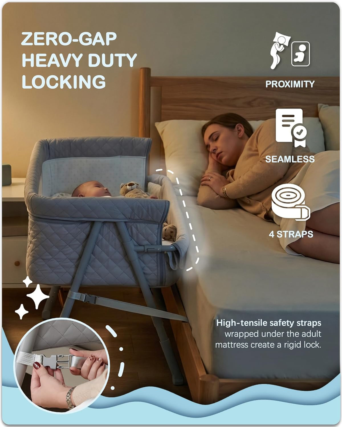 Bassinet Bedside Sleeper, Baby Crib for Newborn, Baby Bassinets Bedside Sleeper with 4 Auto-Lock & Adjustable Height, Breathable Mesh & Mattress, Bedside Bassinet