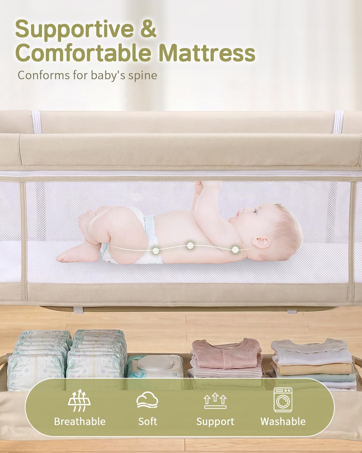Baby Bassinet Bedside Crib, 3-in-1 Baby Bassinet Bedside Sleeper，Rocking Bedside Bassinet with Wheels, Adjustable Easy Folding Portable Bed for Infant Newborn (Beige)