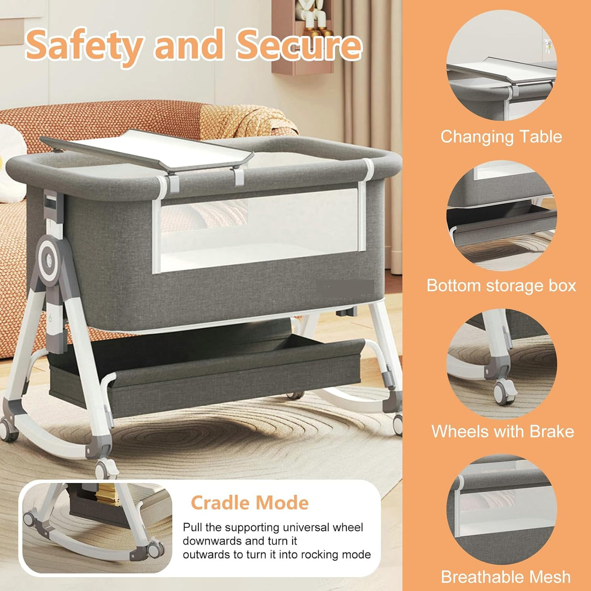 4 in 1 Baby Bassinet Bedside Sleeper, Rocking Bassinets with Wheels and Comfy Mattress, 6 Height Adjustable Easy Folding Portable Bedside Crib for Newborn Infant