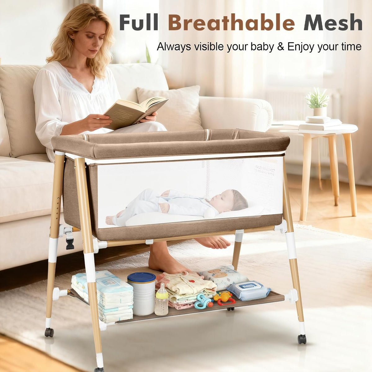 Baby Bassinet, 3 in 1 Bedside Bassinet Sleeper for Newborn, Portable Baby Crib with 4 Detachable Wheels & Adjustable Height, Breathable Mesh & Mattress, Mosquito Net& Storage Basket (Khaki)