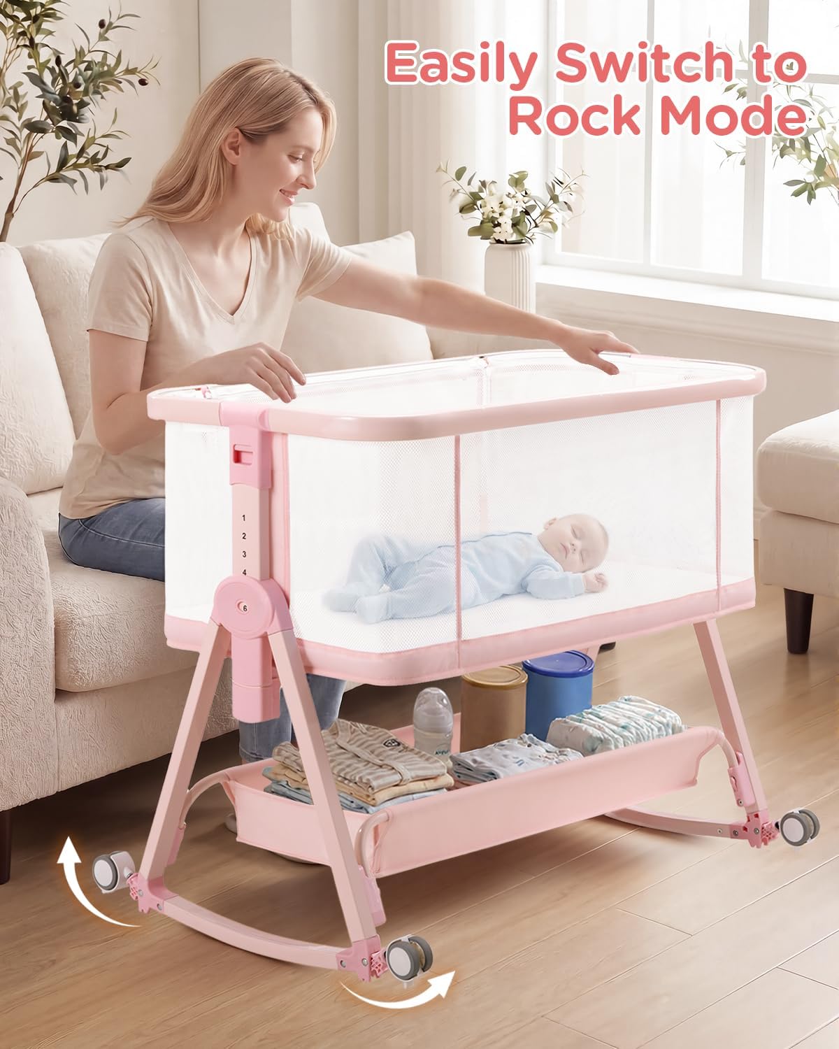 Baby Bedside Sleeper Bassinet, Bassinet Storage Basket and Wheels, Pink