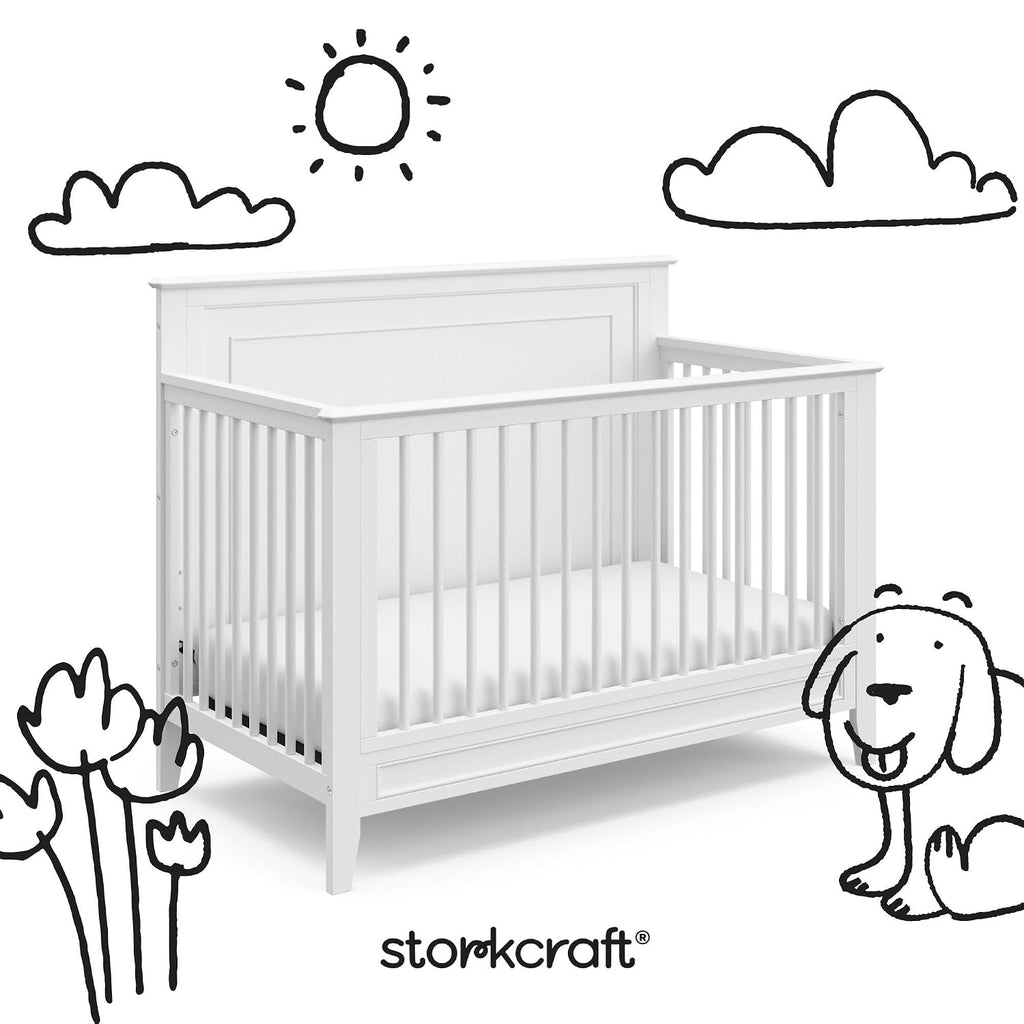 Storkcraft Solstice 5-in-1 Convertible Crib (White) – GREENGUARD Gold Certified, Converts to Toddler Bed and Full-Size Bed, Fits Standard Full-Size Crib Mattress, Adjustable Mattress Support Base