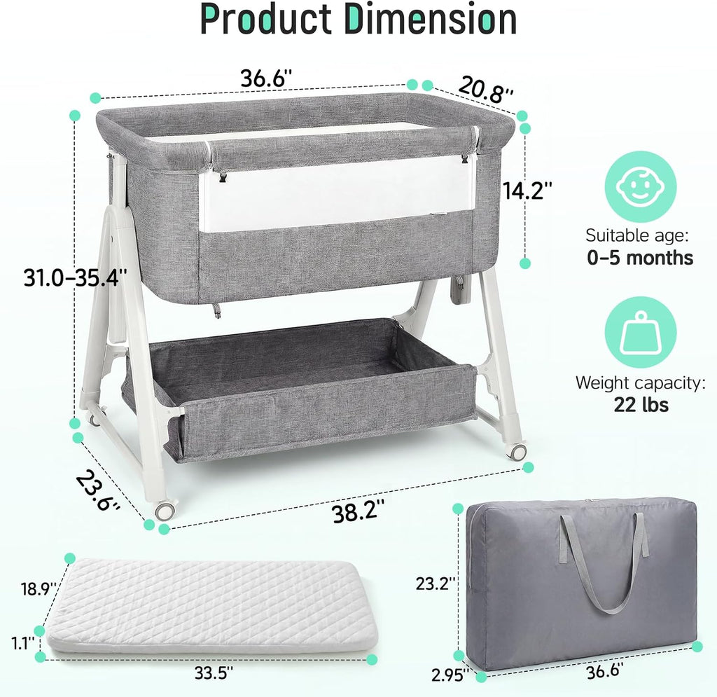 Cowiewie Baby Bassinet Bedside Crib,3-in-1 Baby Bassinet with Comfy Mattress & Wheel,Easy Folding Portable Bedside Bassinet for Baby with Storage,Travel Bag,Breathable Mesh,Stable & Secure,Light Grey
