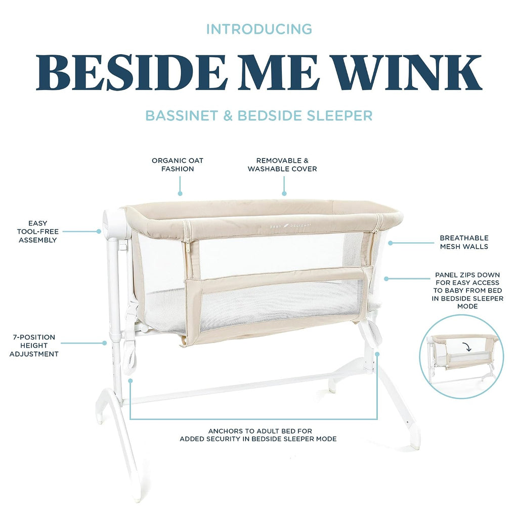 Baby Delight Beside Me Wink Bassinet | Bedside Sleeper | 7-Position Height Adjustment | Organic Oat