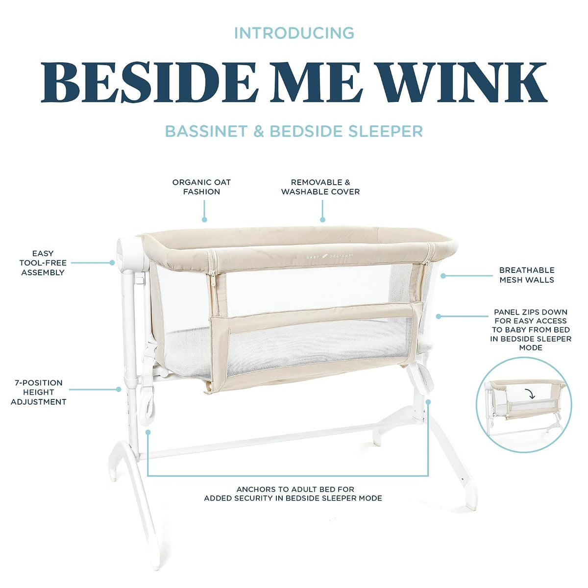 Baby Delight Beside Me Wink Bassinet | Bedside Sleeper | 7-Position Height Adjustment | Organic Oat