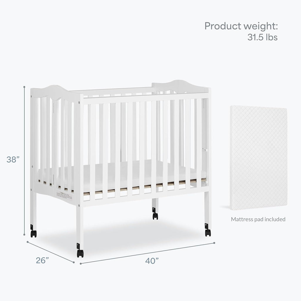 Dream On Me 2-In-1 Lightweight Folding Portable Stationary Side Crib In White, Greenguard Gold Certified, Baby Crib To Playpen, Folds Flat For Storage, Locking Wheels