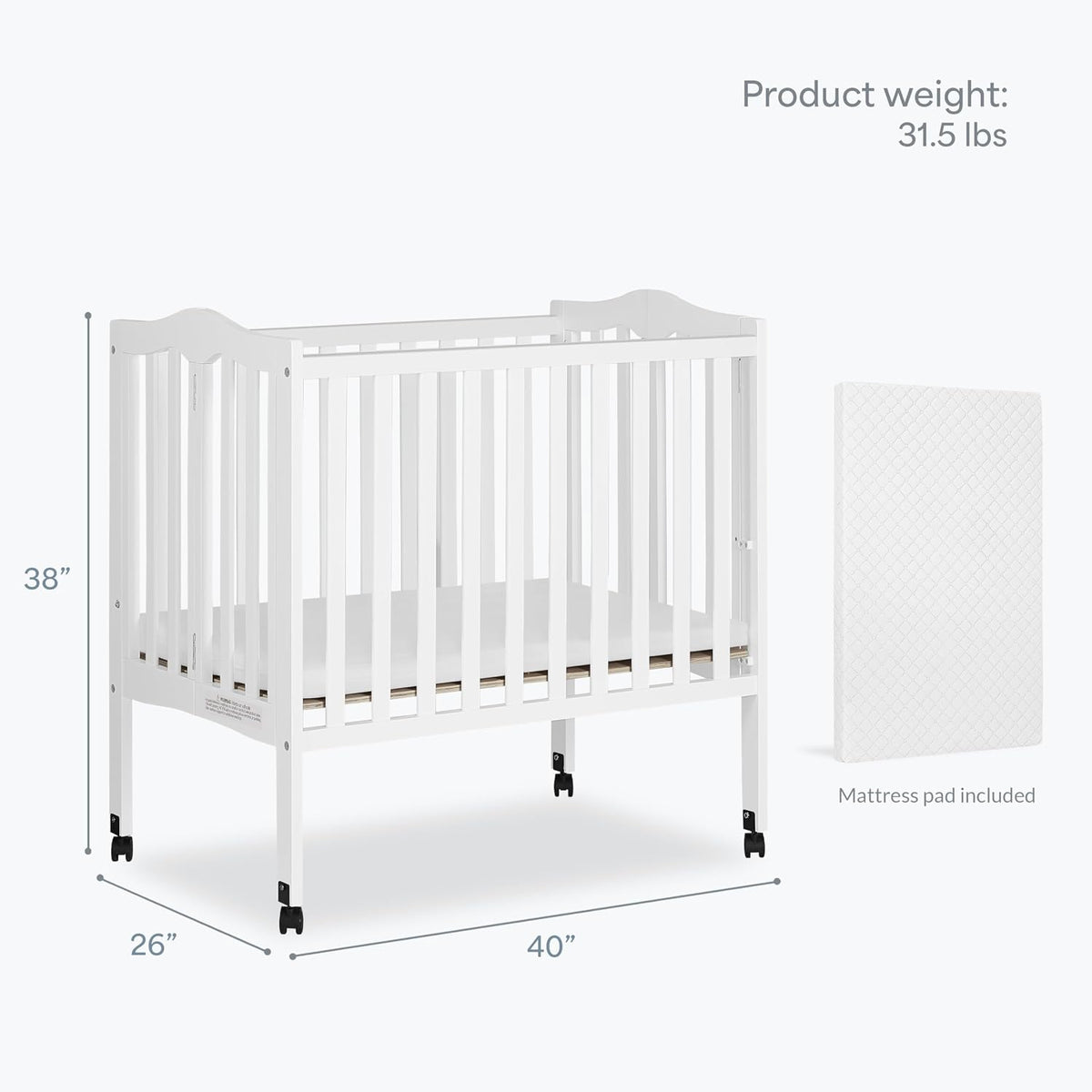 Dream On Me 2-In-1 Lightweight Folding Portable Stationary Side Crib In White, Greenguard Gold Certified, Baby Crib To Playpen, Folds Flat For Storage, Locking Wheels