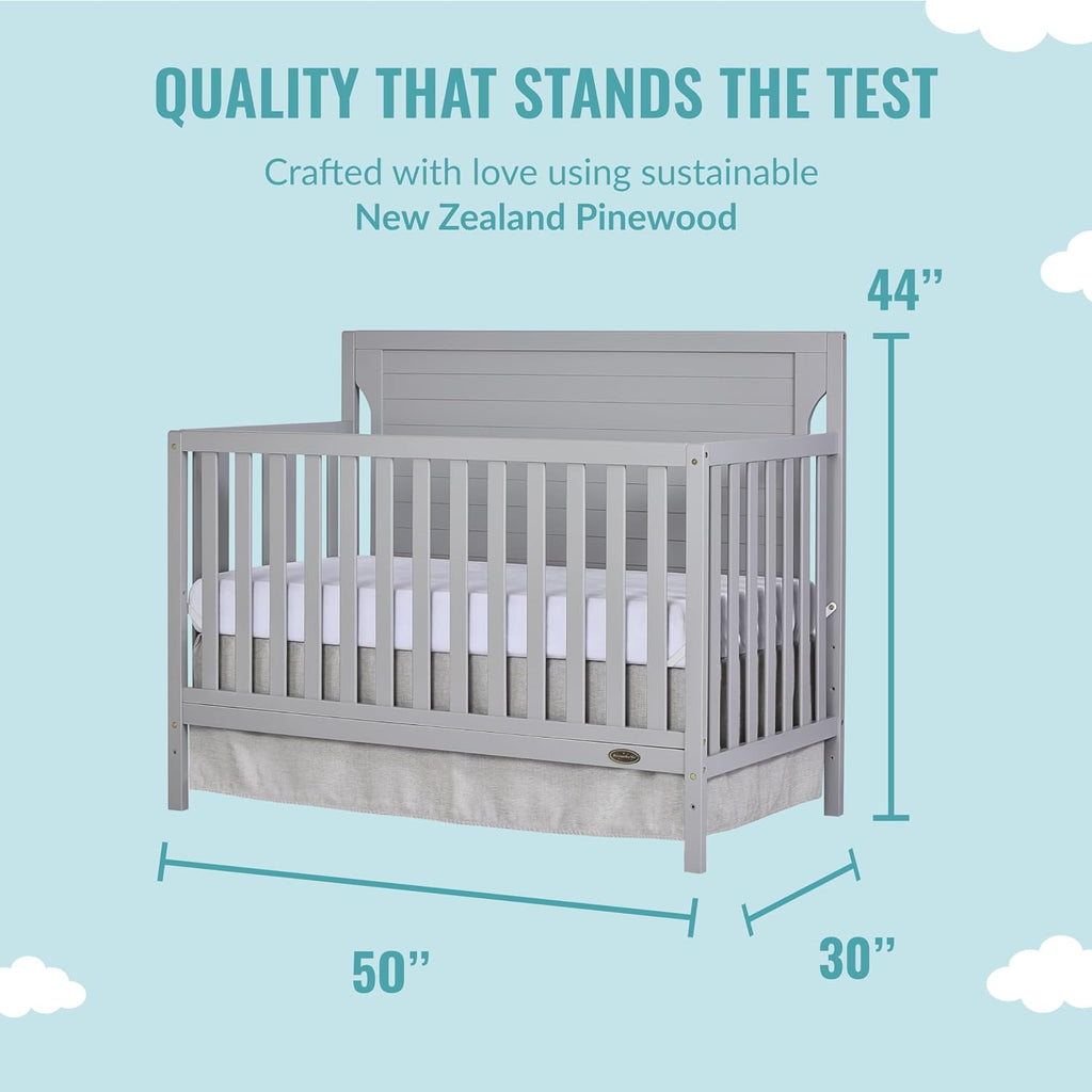 Dream On Me Cape Cod 5-In-1 Convertible Crib In Pebble Grey, Greenguard Gold And JPMA Certified, Built Of Sustainable New Zealand Pinewood, 3 Mattress Height Positions