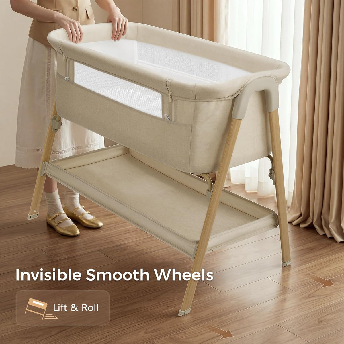 Uuoeebb Baby Bassinet, Bedside Bassinet for Baby, 2-in-1 Bedside Sleeper with Mattress, Half-Mesh Breathable Design, 4 Auto-Lock Wheels, Storage Basket, Easy Assembly (Khaki)