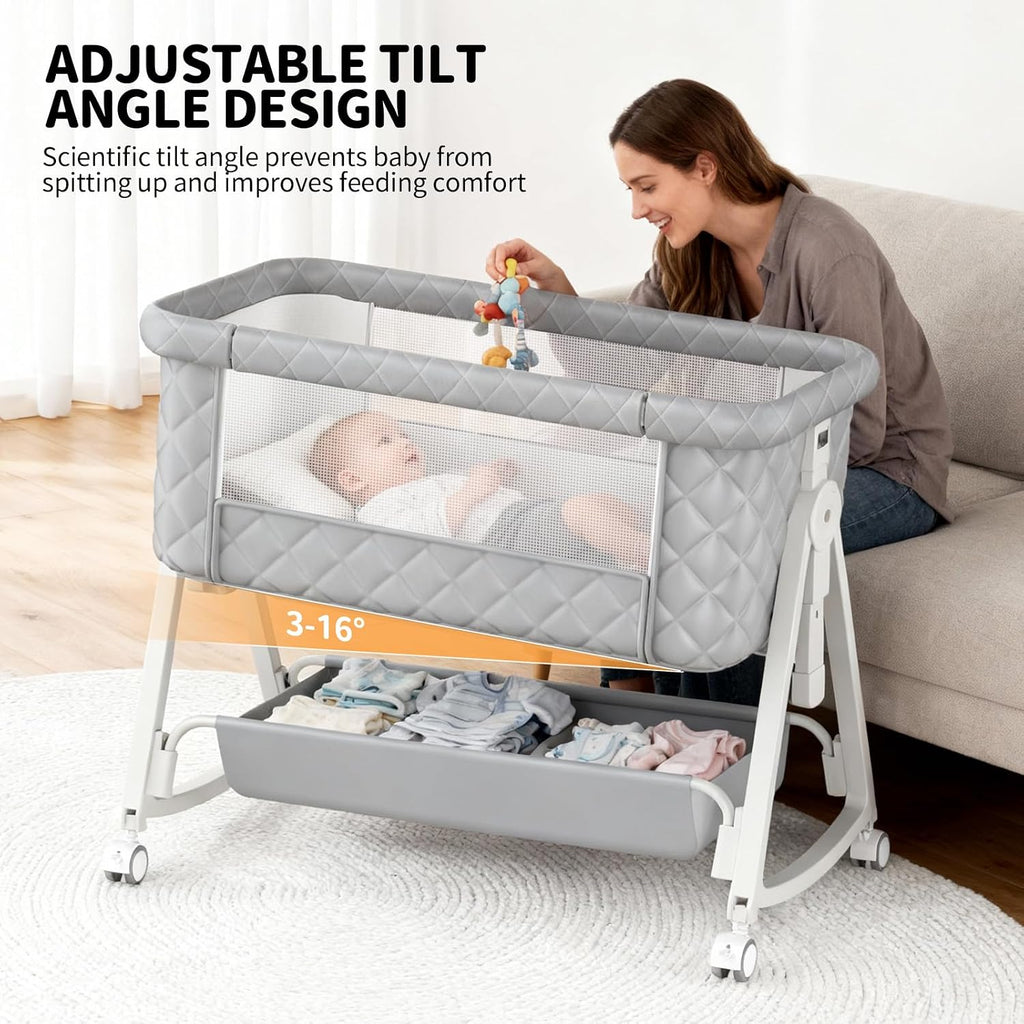 Baby Bassinet, 5 in 1 Bedside Bassinets for Baby, Bassinet Bedside Sleeper with Wheels, Mosquito Net, Adjustable Height, Easy Folding & Storage Basket
