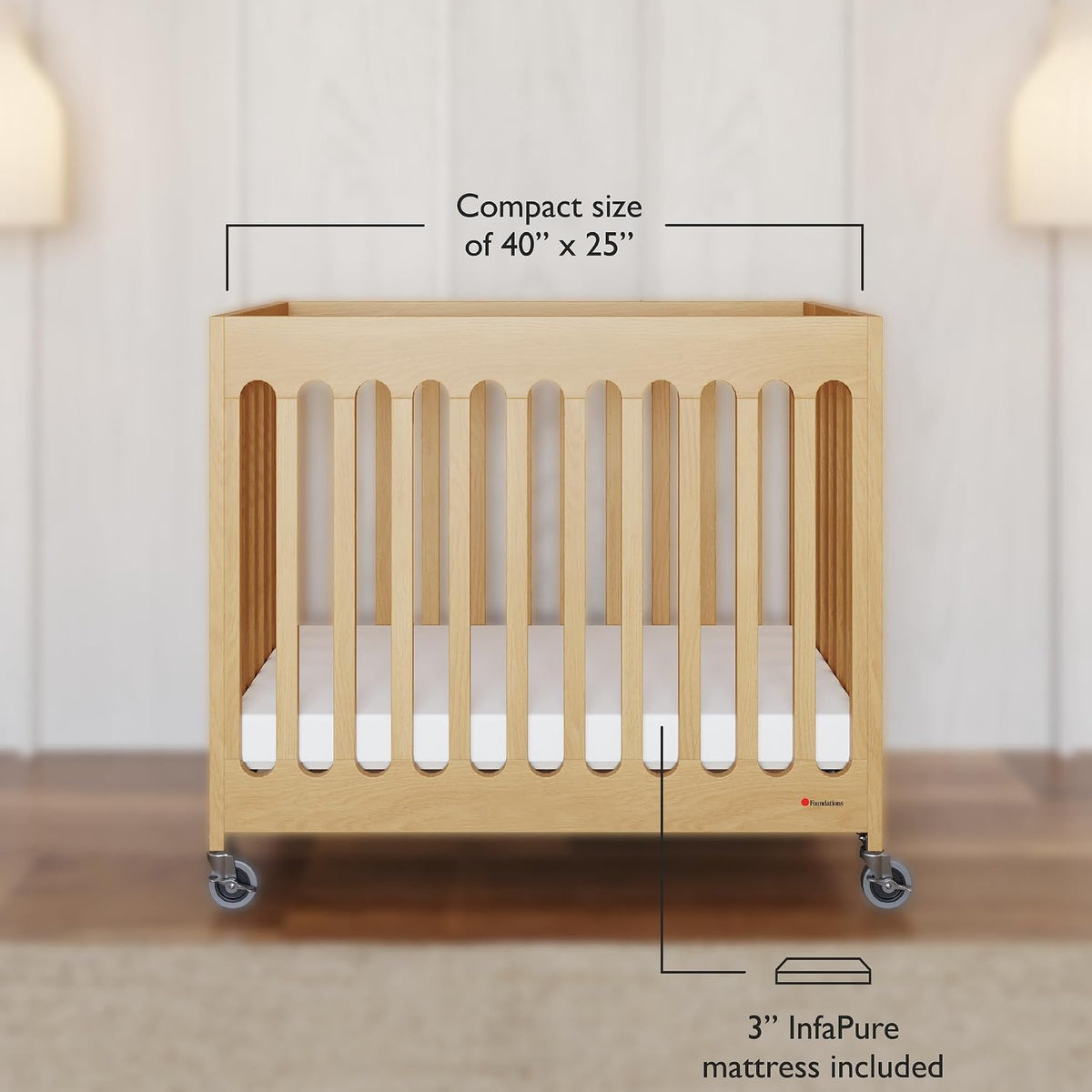 Foundations Boutique Folding Mini Wooden Baby Hotel Crib, Natural