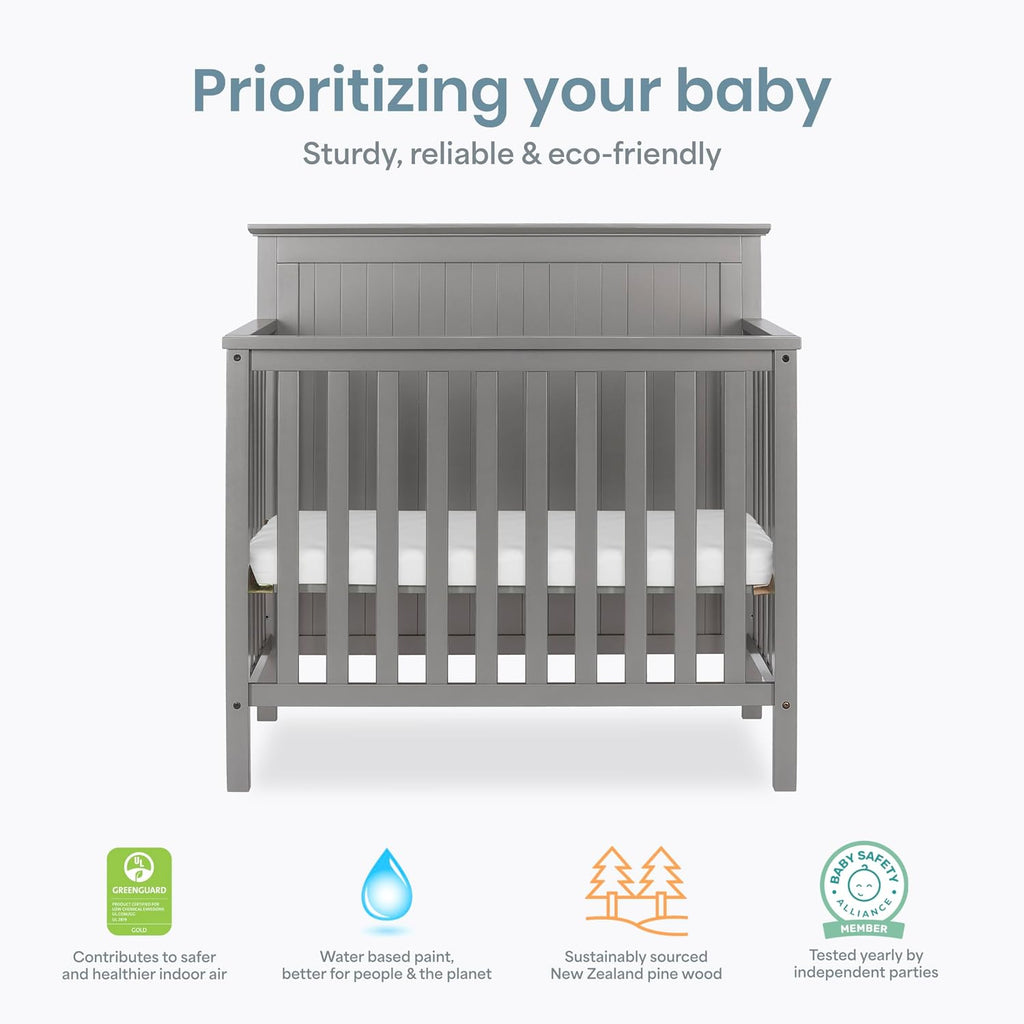 Dream On Me Ava 4-in-1 Mini Baby Crib with Daybed & Twin Bed Conversion in Steel Grey, GreenGuard Gold & BSA, Non-Toxic Finish, 3-Position Adjustable Height, Includes 1″ Mattress Pad