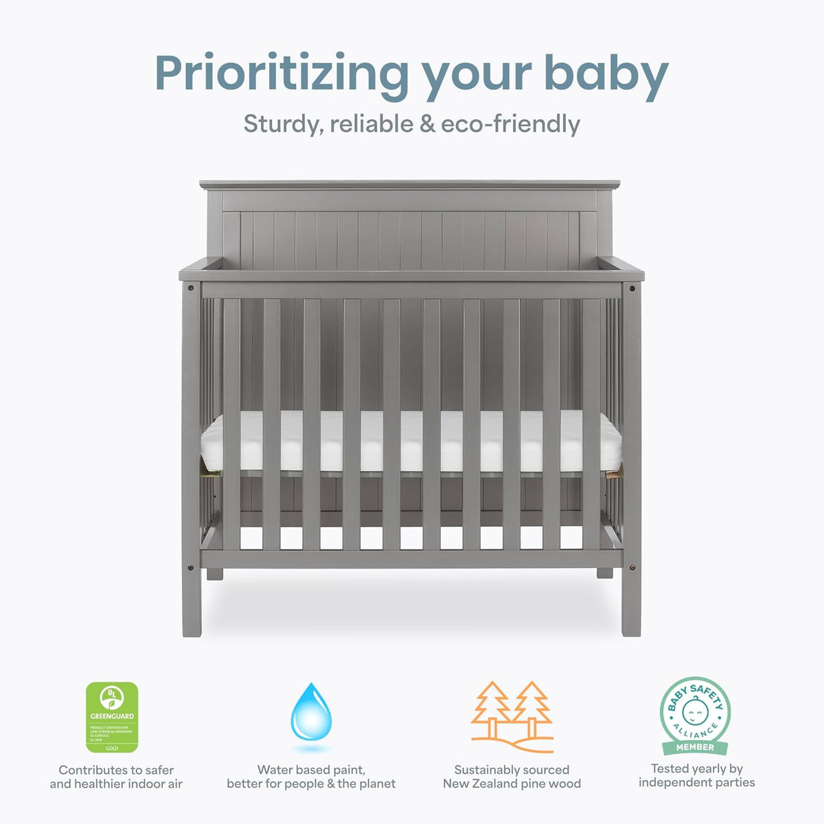 Dream On Me Ava 4-in-1 Mini Baby Crib with Daybed & Twin Bed Conversion in Steel Grey, GreenGuard Gold & BSA, Non-Toxic Finish, 3-Position Adjustable Height, Includes 1″ Mattress Pad