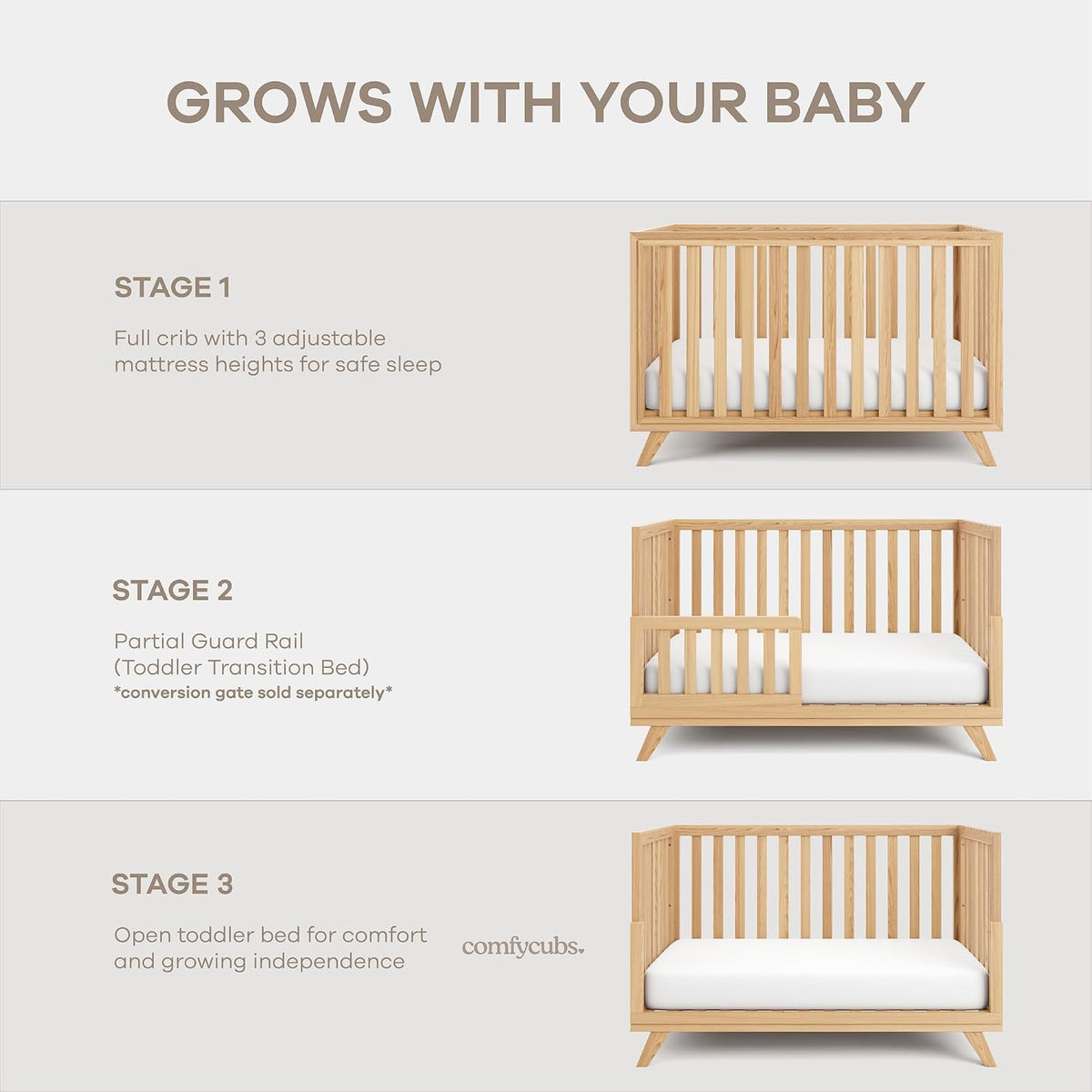 Comfy Cubs Baby Crib for 0 to 3 Years - Adjustable Mattress Height, Natural Wooden Crib for Baby, Elegant Nursery Furniture - 80 lbs Capacity Nursery Bed - Natural Wood