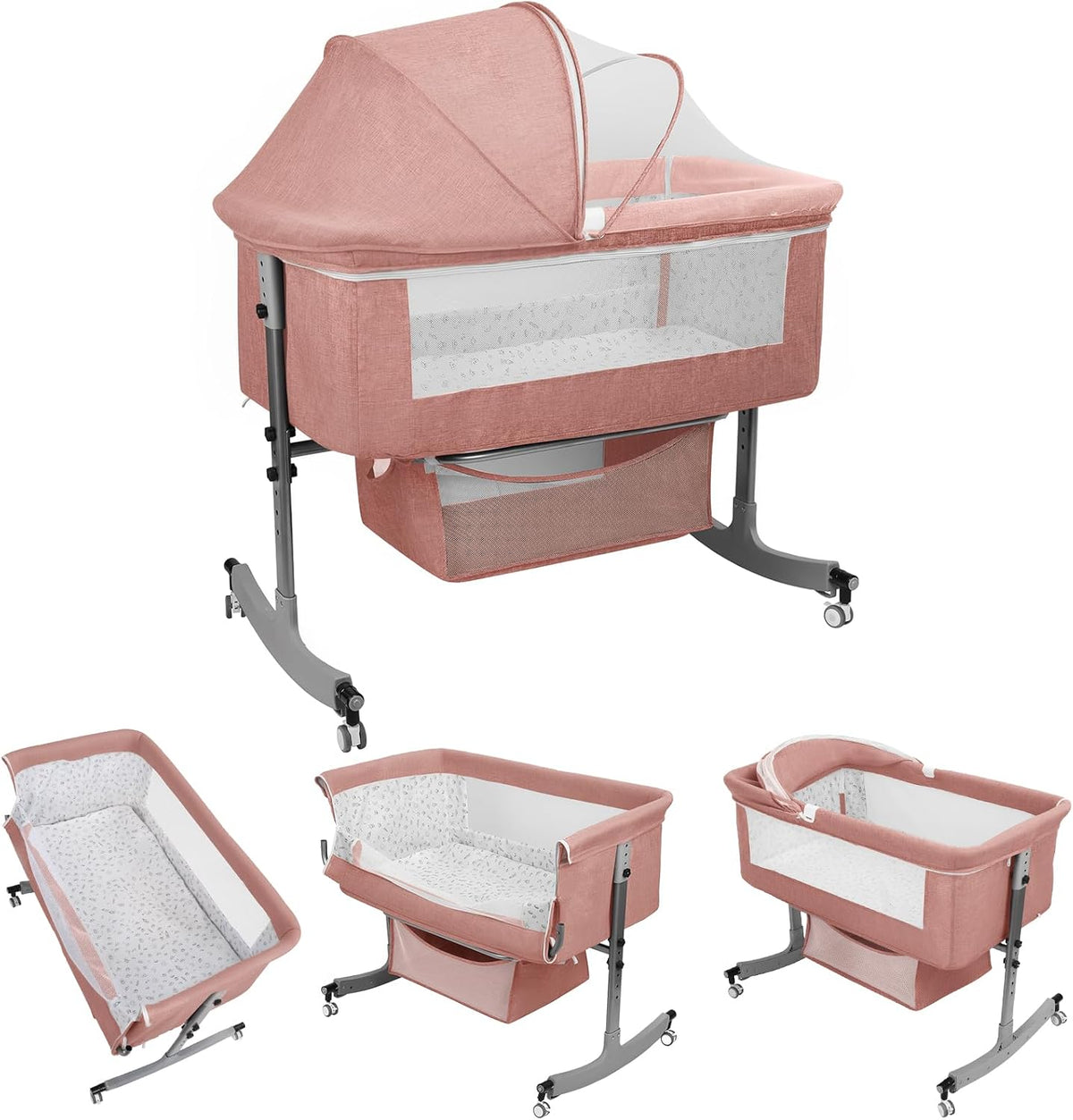 Bedside Bassinet Baby Crib, 3-in-1 Bedside Crib, 6 Levels Height Adjustable Baby Crib with Basket & Mosquito Net, Wheels, Portable Newborn Infant Cradle Bassinet Pink