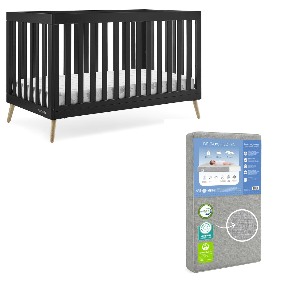 Delta Children Essex 4-in-1 Convertible Baby Crib, Bianca White with Natural Legs
