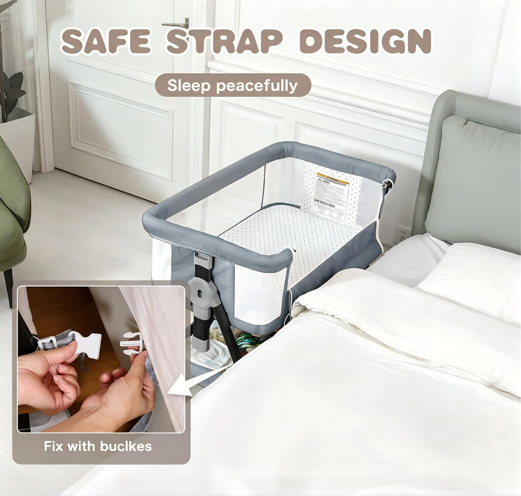 Baby Bassinets Bedside Sleeper with Wheels and Mattress, Cosleeping Baby Bed with Storage, Co-Sleeper Bassinet Attach to Bed, Bed Side Crib with Breathable Mesh, Height Adjustable(Gray)