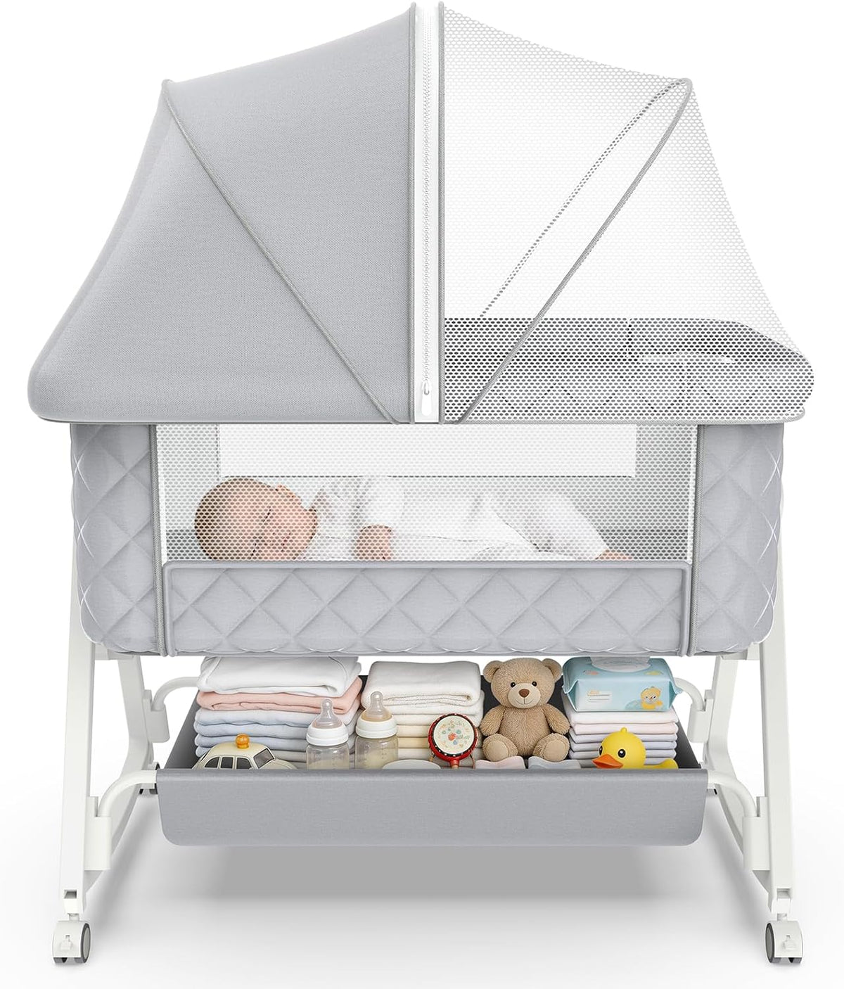 Baby Bassinet, 5 in 1 Bedside Bassinets for Baby, Bassinet Bedside Sleeper with Wheels, Mosquito Net, Adjustable Height, Easy Folding & Storage Basket
