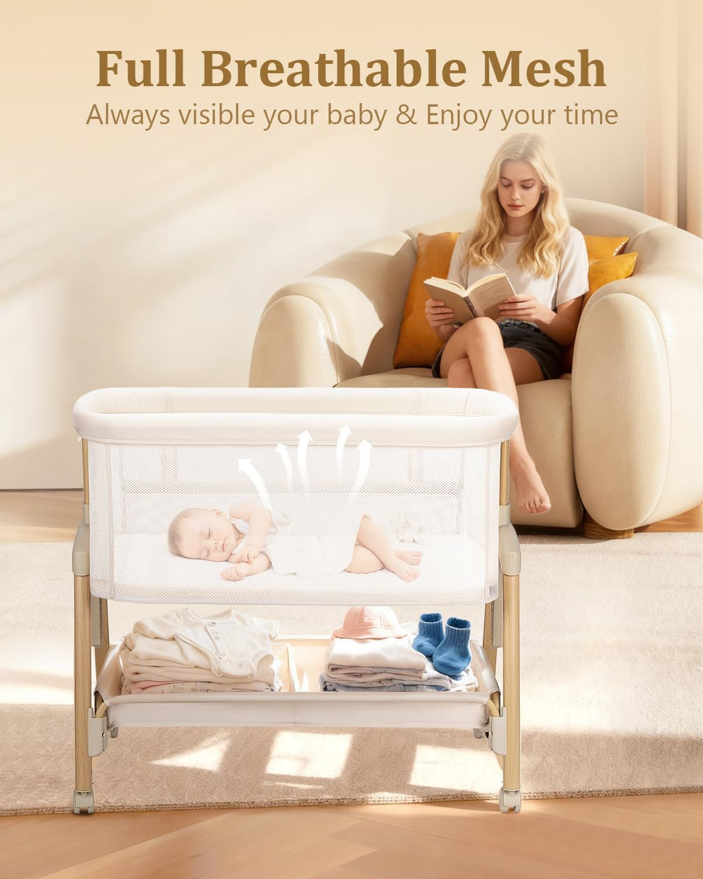 3 in 1 Baby Bassinet with Wheels, Bedside Bassinet Sleeper for Newborn, Portable Baby Crib with 7 Adjustable Height & Large Storage Basket & Full-Mesh, Easy Folding Baby Bed for Infant (Beige)