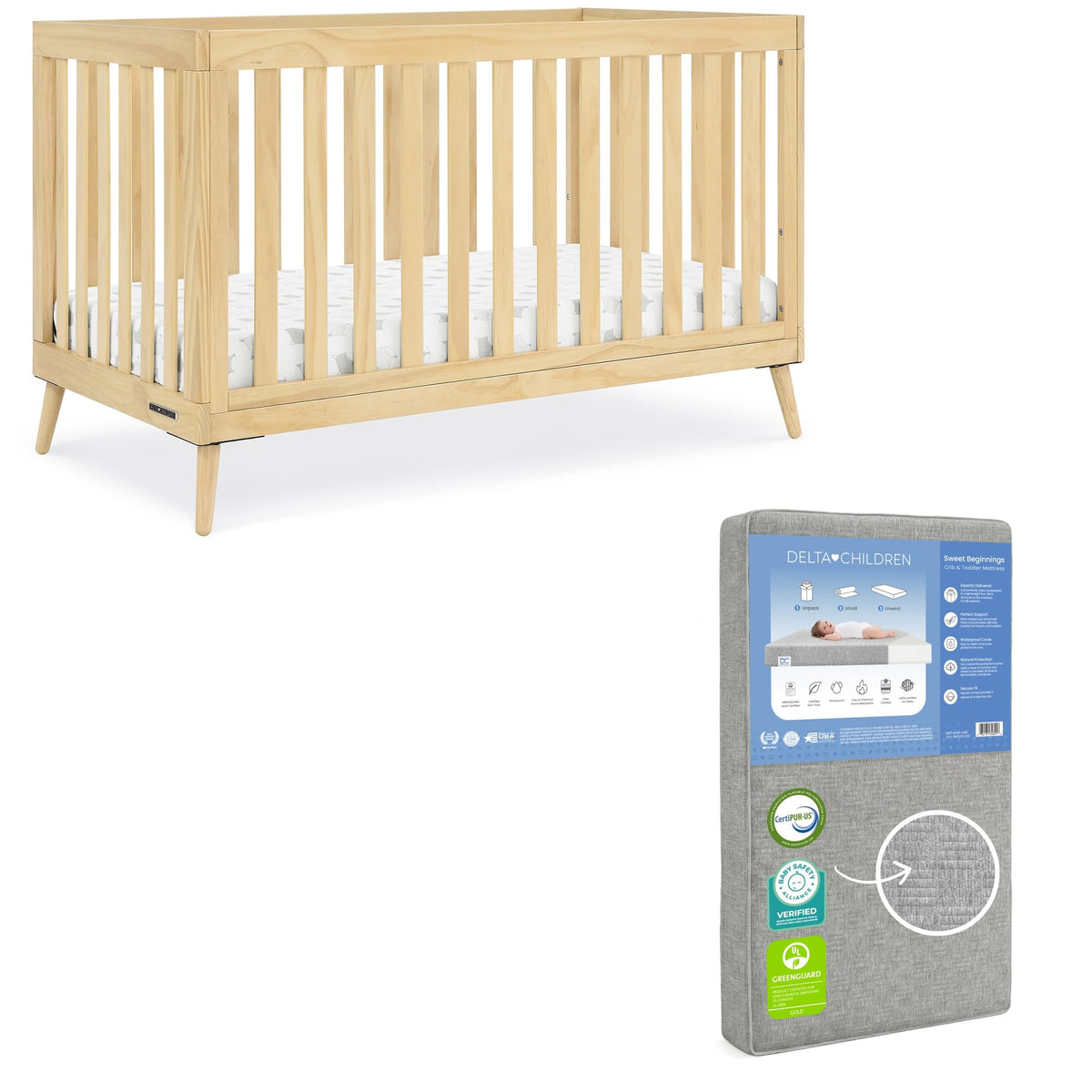 Delta Children Essex 4-in-1 Convertible Baby Crib, Bianca White with Natural Legs
