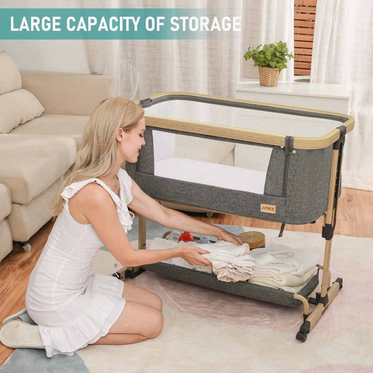 AMKE 3 in 1 Baby Bassinets,All-mesh Bedside Sleeper,Baby Cradle with Storage Basket,Easy Assemble Bassinet for Infant/Newborn,Adjustable Bedside Crib,Safe Portable Baby Bed,Travel Bag Included