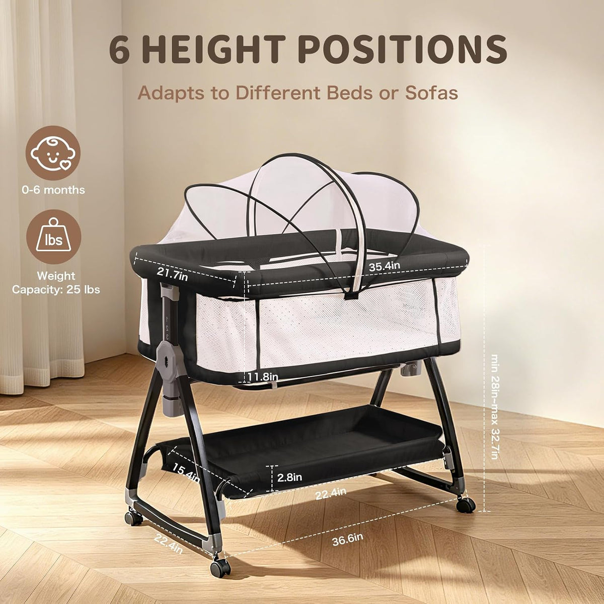 Baby Bassinet, 3-in-1 Bedside Bassinets for Baby, Bassinet Sleeper with Wheels, Baby Bedside Crib with Breathable Mesh, Mosquito Net, 6 Height Adjustable, Large Storage Basket, Easy Assemble & Folding