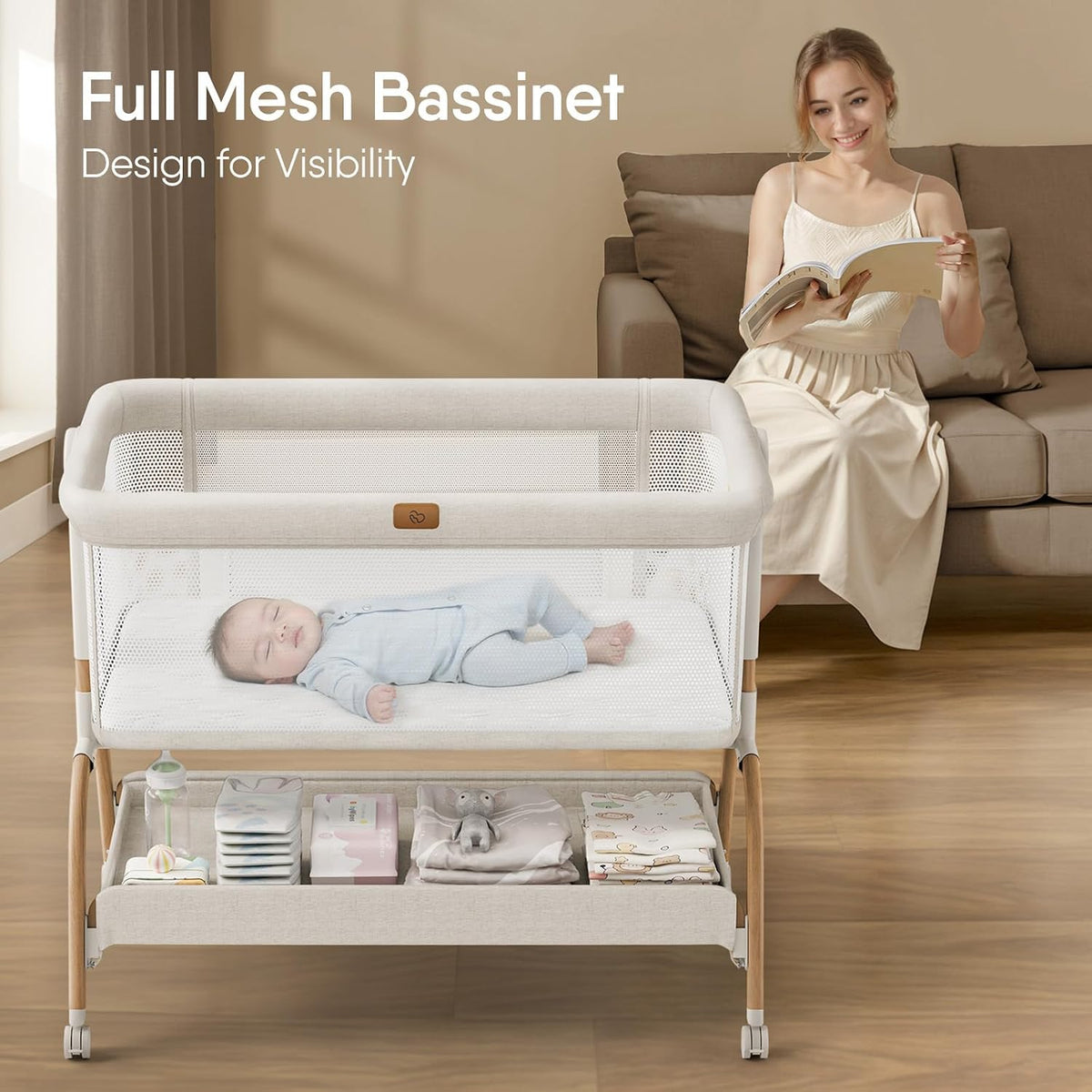 BabyBond Bassinet Bedside Crib, Stable and Secure Crib for Newborns, Beige