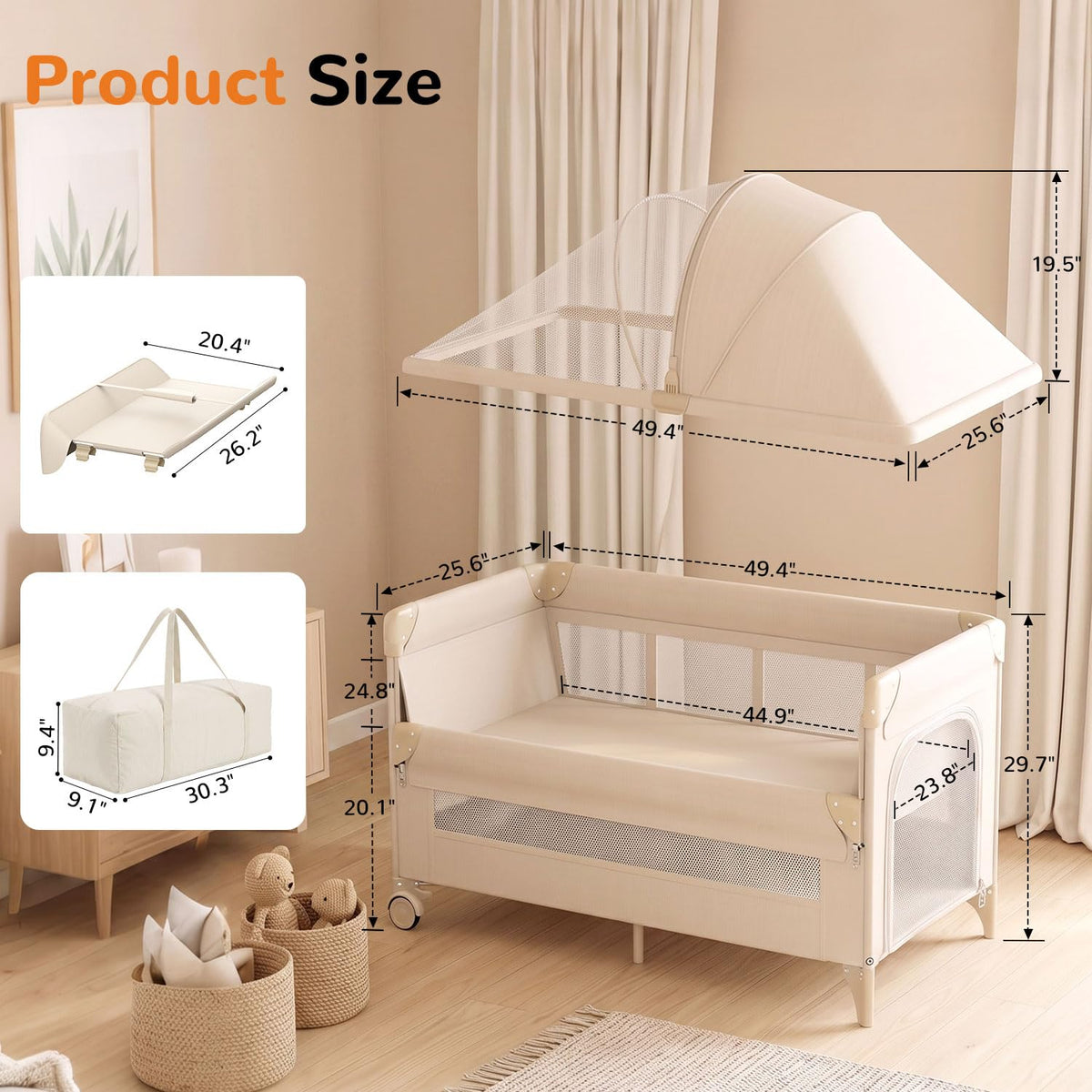 4 in 1 Foldable Pack and Play with Bassinet and Changing Table, Bedside Crib Sleeper with Mattress, Mosquito Net and Toy Bar for Newborn to Toddler, Beige