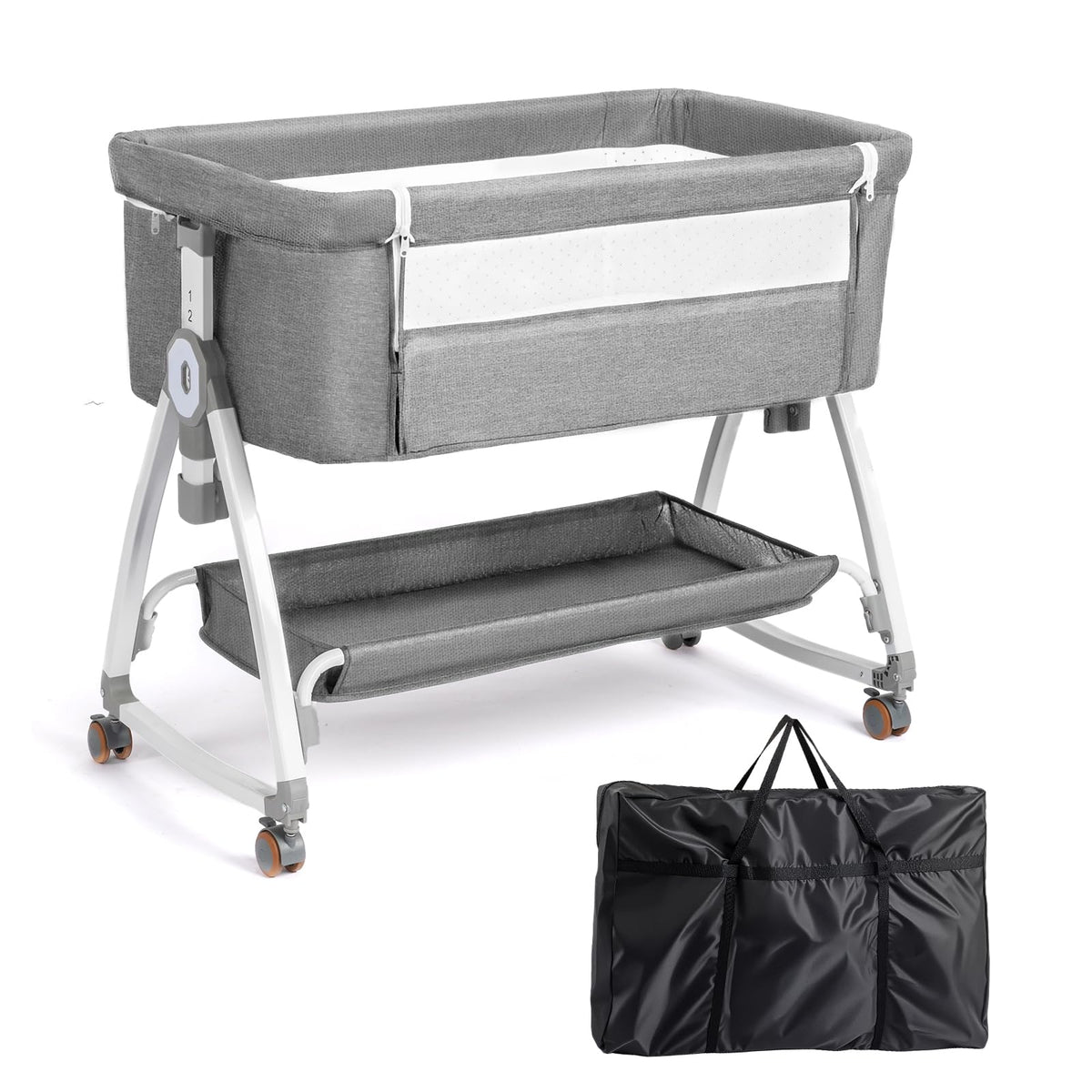 JOYMOR 3 in 1 Baby Bassinet, Bedside Bassinet for Baby, with Comfy Mattress and Wheels, 6 Height Adjustable Easy Folding Portable Bedside Crib for Newborn (Gray)