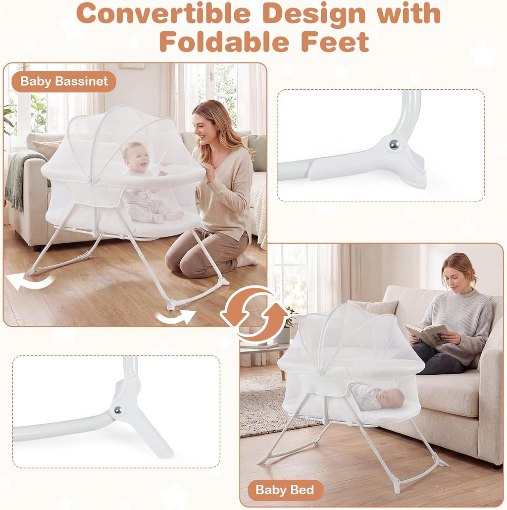 BABY JOY 2 in 1 Bassinet, Foldable Bedside Crib with Breathable Mesh, Comfortable Mattress, Zippered Net Canopy & Portable Bag, Bassinet Bedside Sleeper for Baby, Infant & Newborn (Beige)