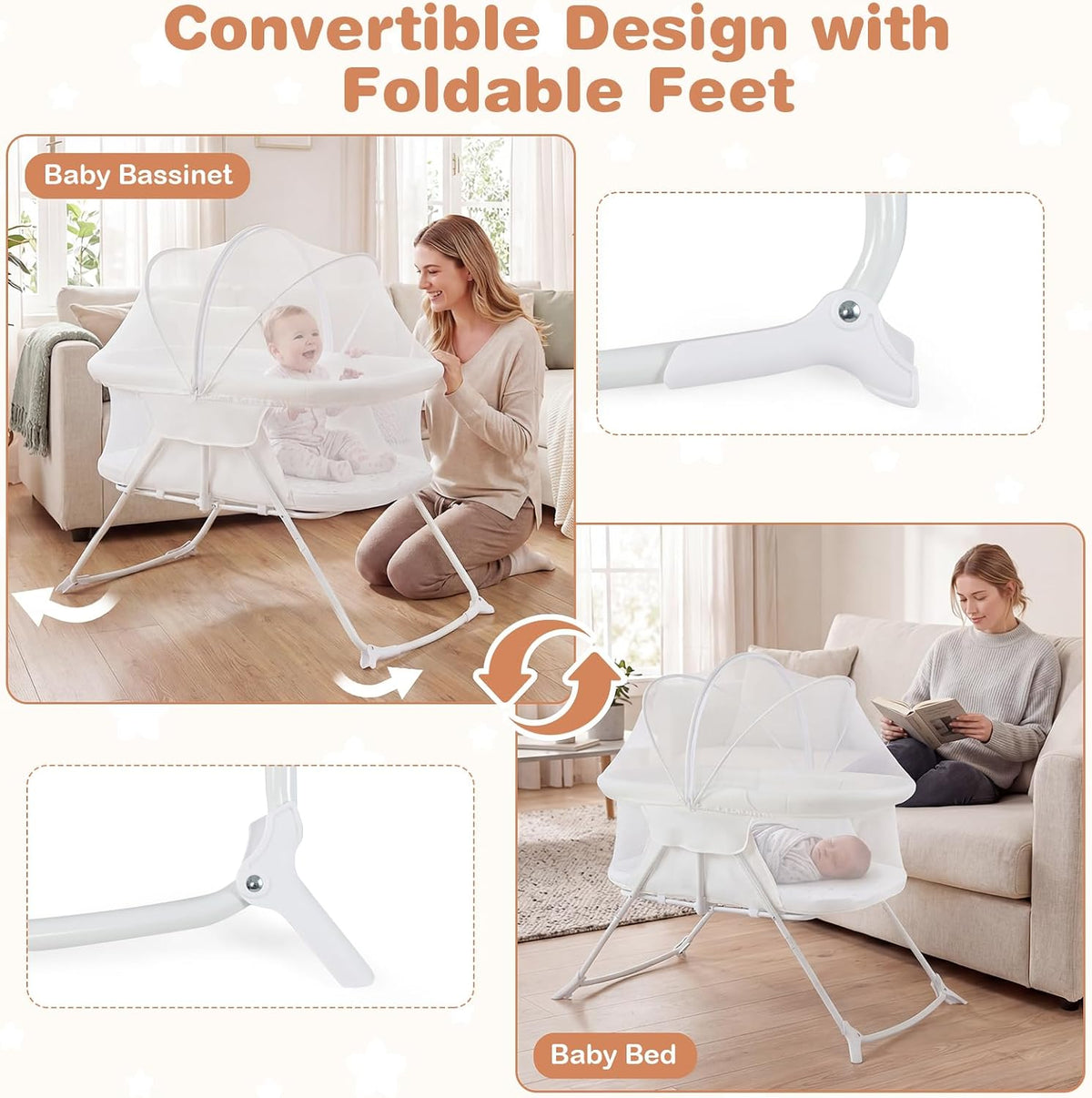 BABY JOY 2 in 1 Bassinet, Foldable Bedside Crib with Breathable Mesh, Comfortable Mattress, Zippered Net Canopy & Portable Bag, Bassinet Bedside Sleeper for Baby, Infant & Newborn (Beige)