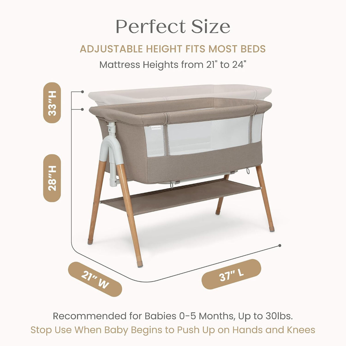 Delta Children Bondi Adjustable Height Bedside Beechwood Bassinet with PureAir Mesh Sheet and FSC-Certified Wood, Tan