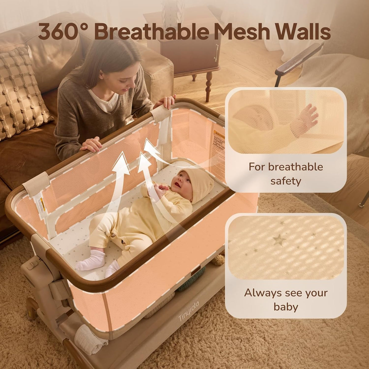 Tinyiota 3 in 1 Baby Bassinet,Rocking Bedside Crib Sleeper for Newborns